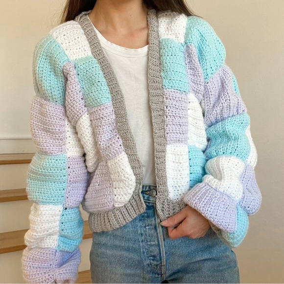 Vintage Handmade Granny Squares Checkerboard Blue Purple Cardigan Knit Sweater - Picture 2 of 8